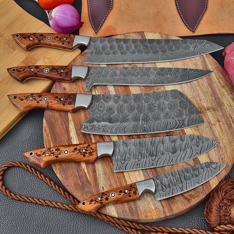 Handmade Chef Knife Set of 5pcs With Leather Sheath, D2 Steel Chef