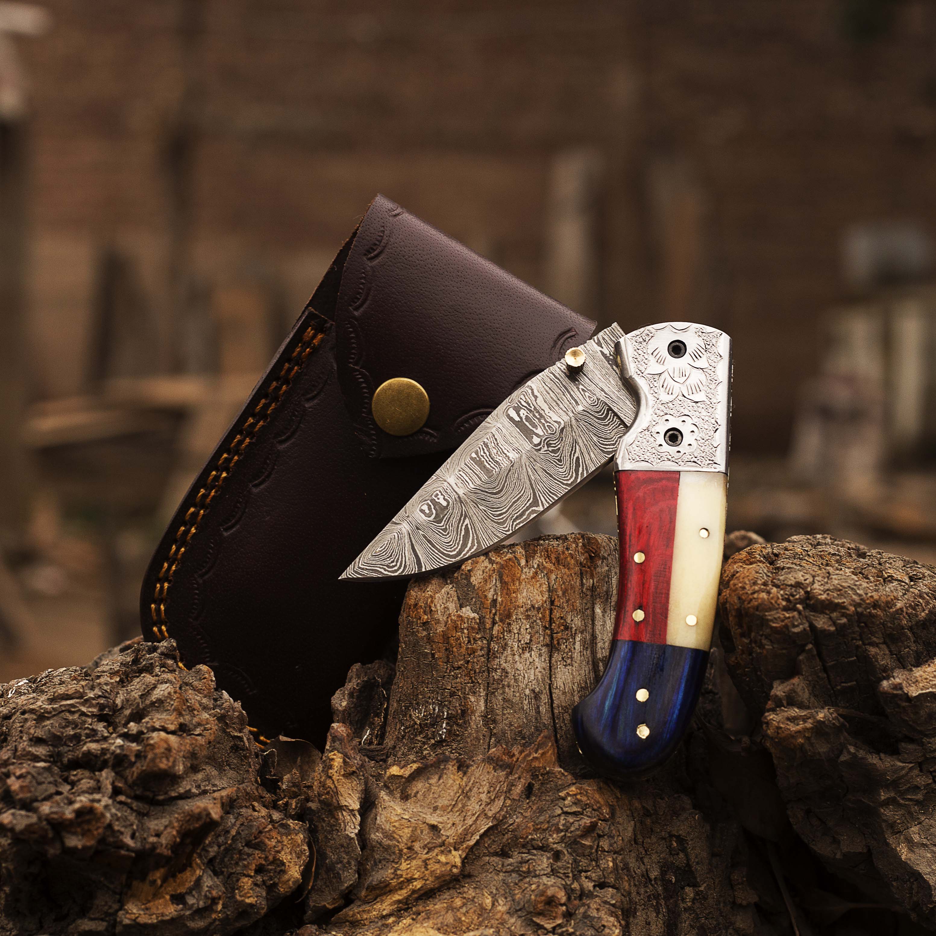 Custom Handmade Damascus Knife with Texas Flag Handle