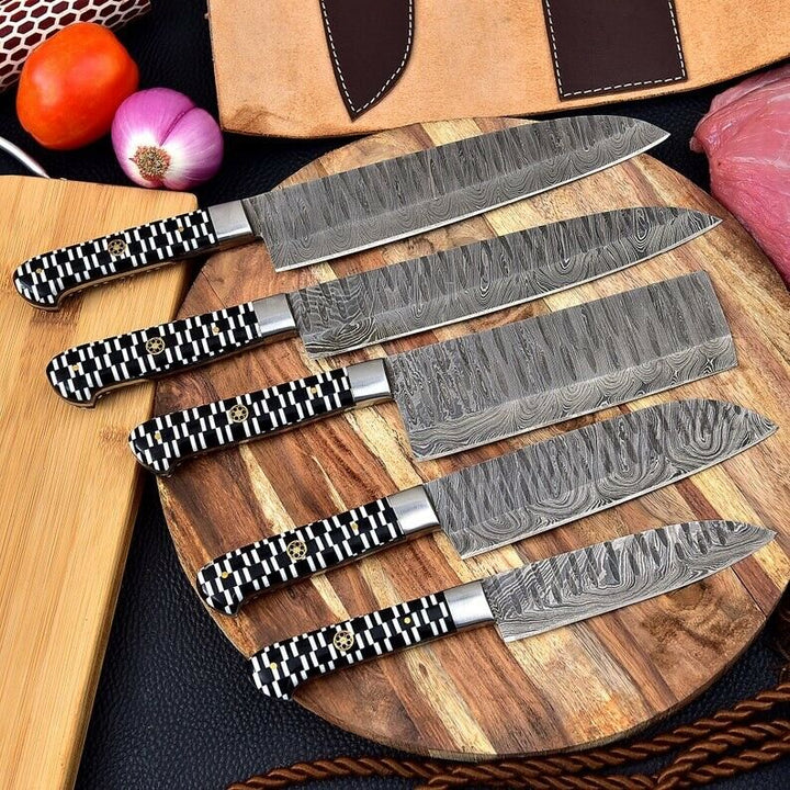 Handmade Gift Damascus Steel Chef Knife Set of 5 PCs, Damascus Kitchen Knife Set, BBQ Camping Knives, Mother Day Gift, Best Christmas Gift, Thanksgiving Gift, Best Handmade Gift item, Gift for him/her