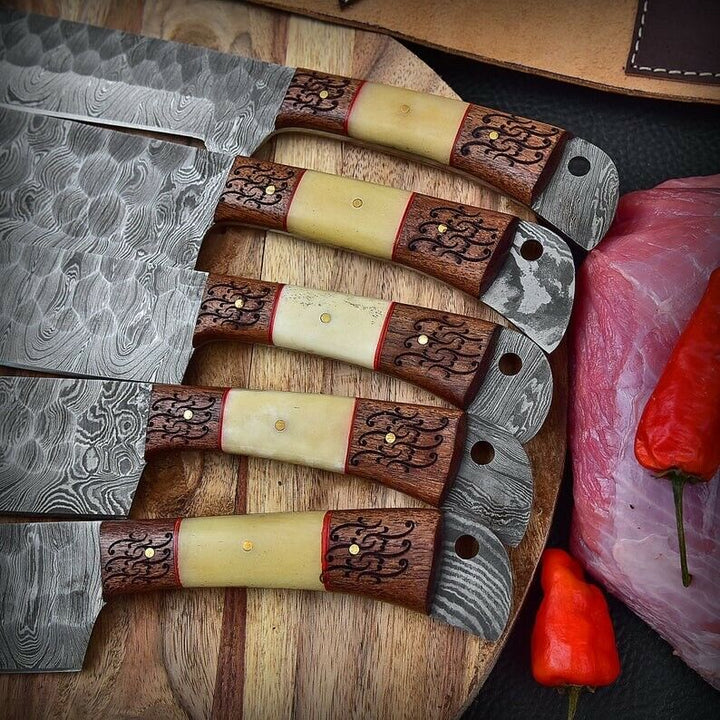 Custom Handmade Damascus Chef set Of 5pcs Come With Leather Kit,Kichten Knife, Damascus Knife Set, Kitchen knives set, Best handmade gift item