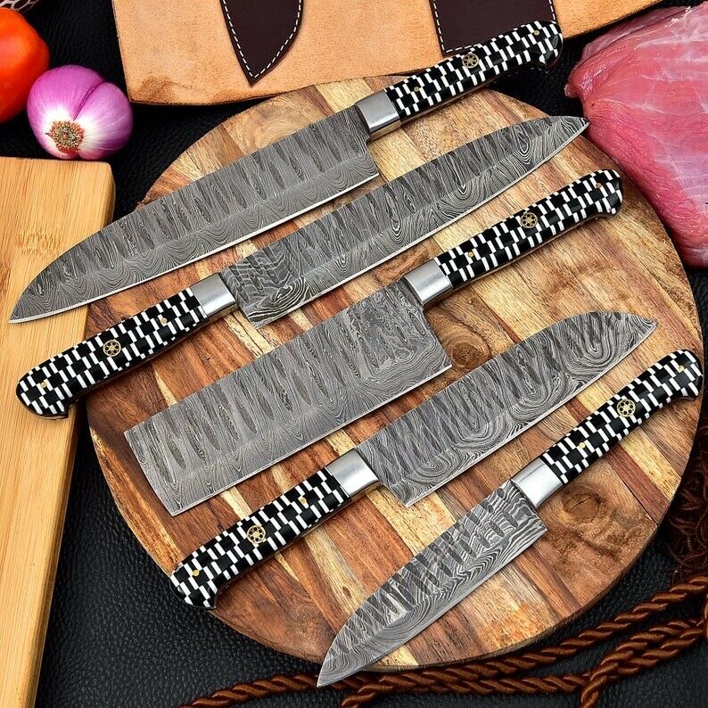 Handmade Gift Damascus Steel Chef Knife Set of 5 PCs, Damascus Kitchen Knife Set, BBQ Camping Knives, Mother Day Gift, Best Christmas Gift, Thanksgiving Gift, Best Handmade Gift item, Gift for him/her