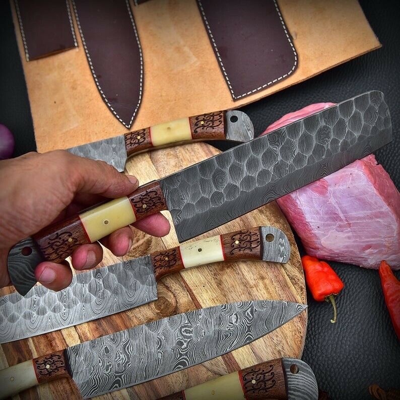 Damascus knife set of 5 pcs with Leather Kit