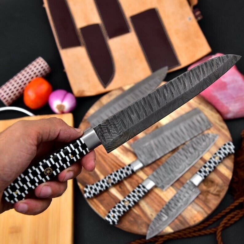 Handmade Gift Damascus Steel Chef Knife Set of 5 PCs, Damascus Kitchen Knife Set, BBQ Camping Knives, Mother Day Gift, Best Christmas Gift, Thanksgiving Gift, Best Handmade Gift item, Gift for him/her