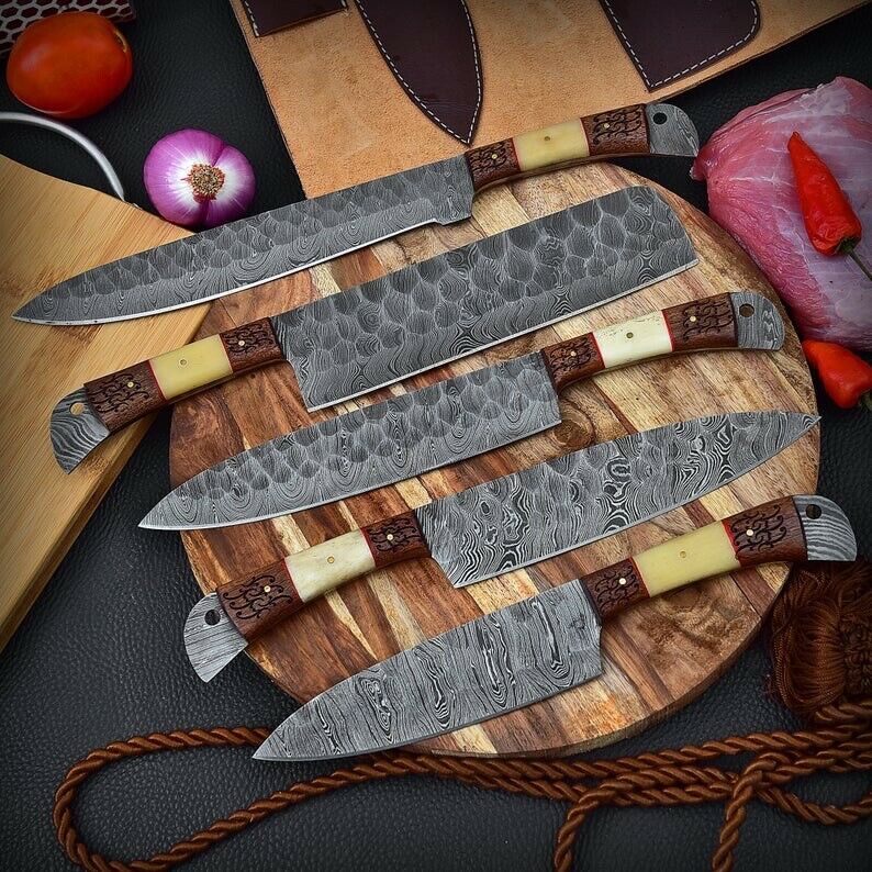 Custom Handmade Damascus Chef set Of 5pcs Come With Leather Kit,Kichten Knife, Damascus Knife Set, Kitchen knives set, Best handmade gift item