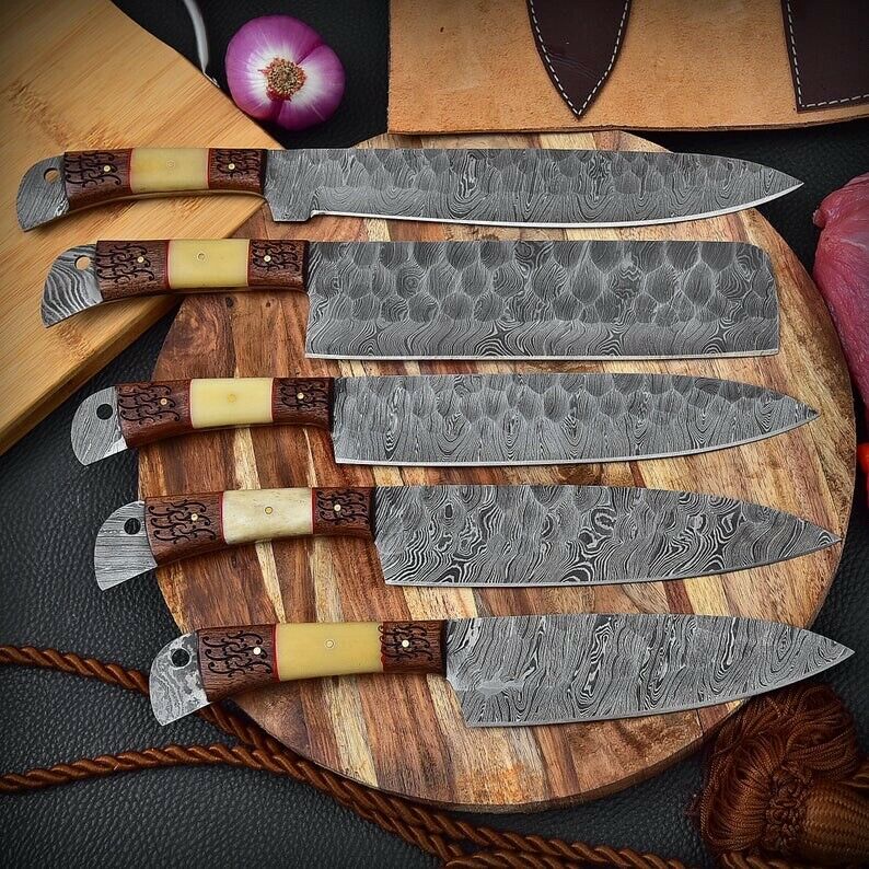 Custom Handmade Damascus Chef Set of 5pcs With Leather Cover , Kitchen Knife  , Damascus Knife Set , Kitchen Knives Set 