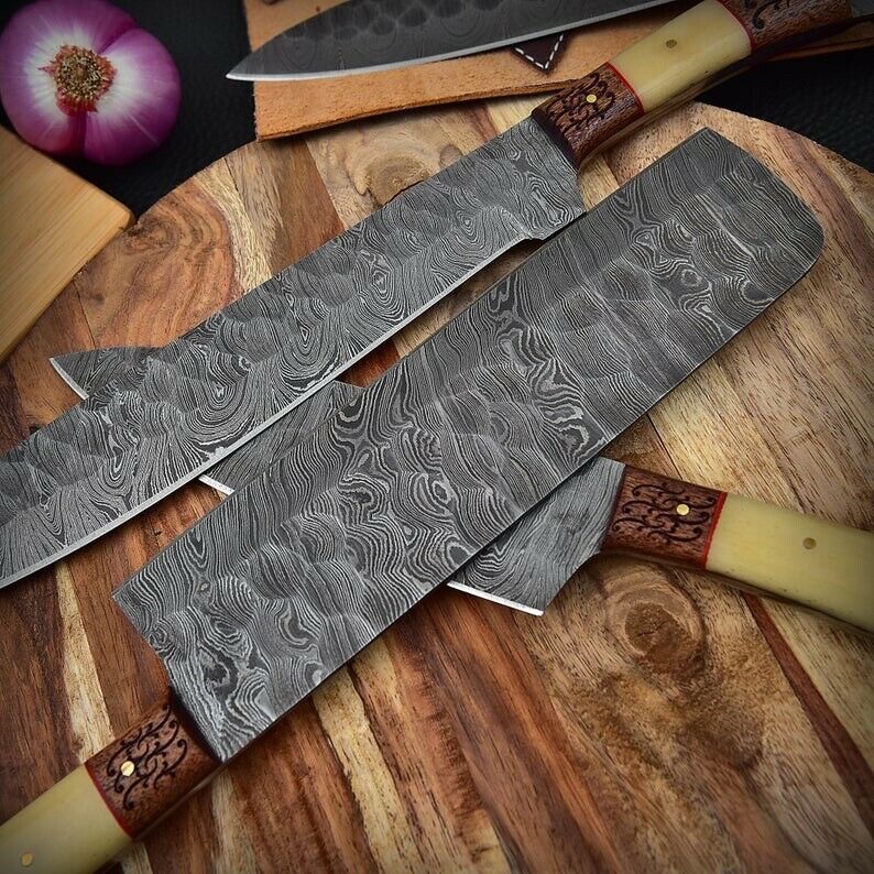 Custom Handmade Damascus Chef set Of 5pcs Come With Leather Kit,Kichten Knife, Damascus Knife Set, Kitchen knives set, Best handmade gift item