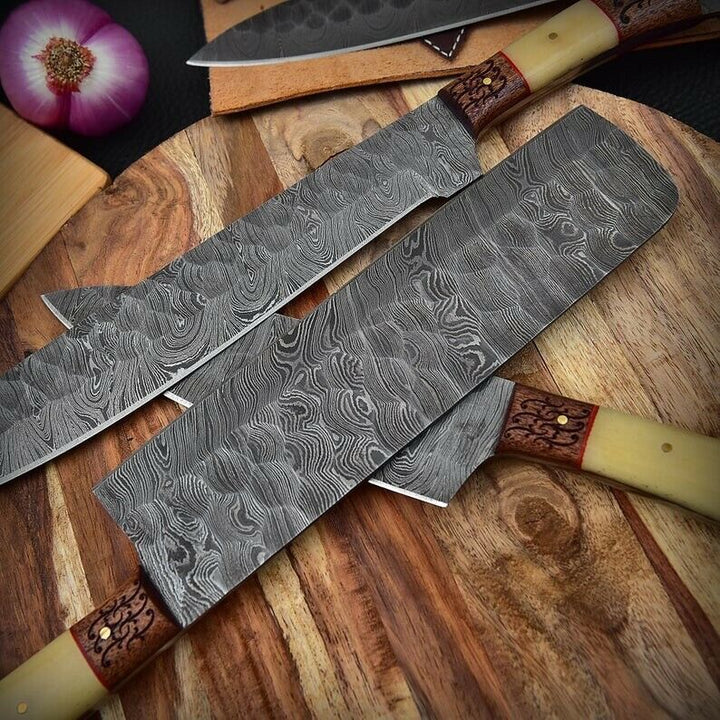 Custom Handmade Damascus Chef set Of 5pcs Come With Leather Kit,Kichten Knife, Damascus Knife Set, Kitchen knives set, Best handmade gift item