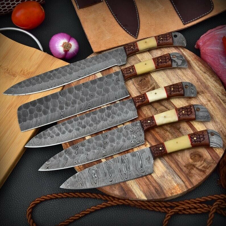 Custom Handmade Damascus Chef set Of 5pcs Come With Leather Kit,Kichten Knife, Damascus Knife Set, Kitchen knives set, Best handmade gift item