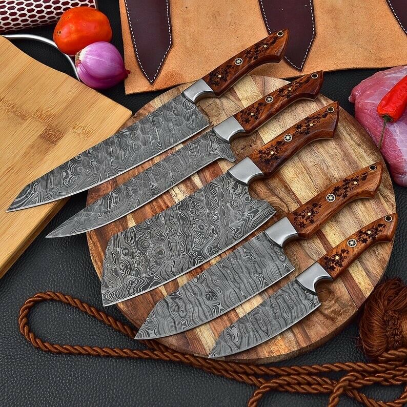 Handmade Damascus Chef set of 5pcs With Leather Sheath, Damascus Knife Set, Damascus Chef Knife, Kitchen Knife Set, Damascus Chef Set