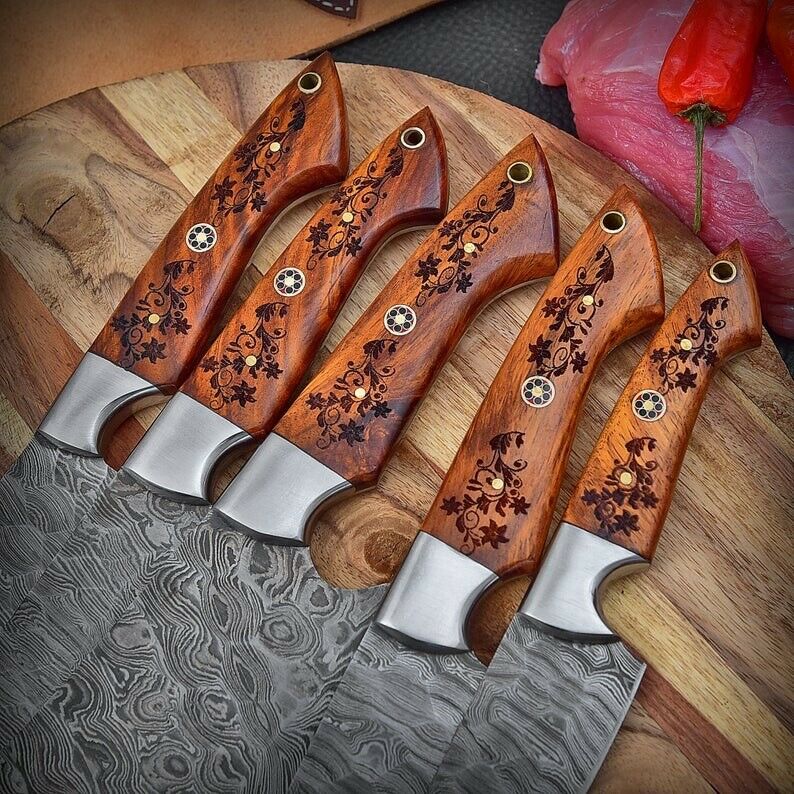 Handmade Damascus Chef set of 5pcs With Leather Sheath, Damascus Knife Set, Damascus Chef Knife, Kitchen Knife Set, Damascus Chef Set