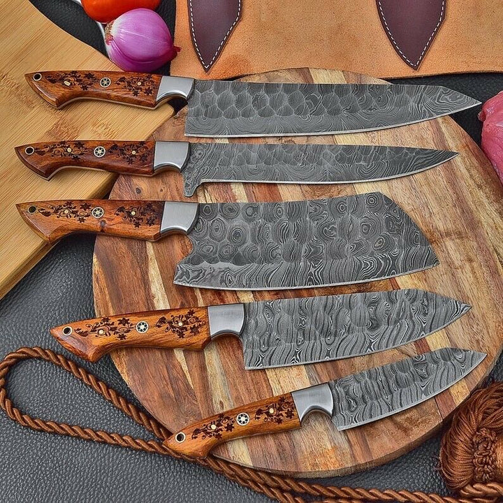 Handmade Damascus Chef set of 5pcs With Leather Sheath, Damascus Knife Set, Damascus Chef Knife, Kitchen Knife Set, Damascus Chef Set