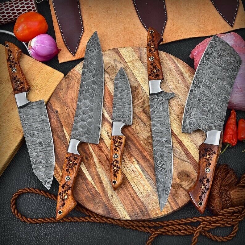 Handmade Damascus Chef set of 5pcs With Leather Sheath, Damascus Knife Set, Damascus Chef Knife, Kitchen Knife Set, Damascus Chef Set