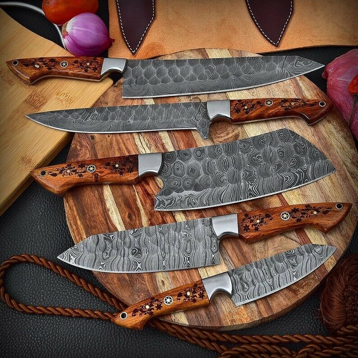 Handmade Damascus Chef set of 5pcs With Leather Sheath, Damascus Knife Set, Damascus Chef Knife, Kitchen Knife Set, Damascus Chef Set