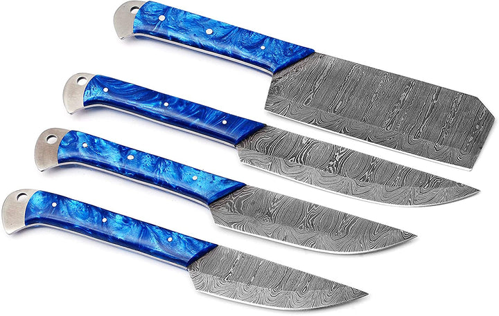 Handmade Damascus Chef set of 4Pcs With Leather Sheath, Damascus Knife Set, Damascus Chef Knife, Kitchen Knife Set, Damascus Chef Set