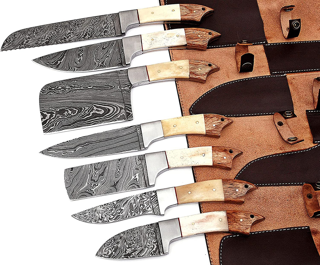 Custom Handmade Chef Knives Set / Kitchen Knives Set / 7Pcs Chef Set / Damascus Blades Chef Knives Set / BBQ Knives Set / Best gift item / Mother Day Gift / Professional Chef For Gift