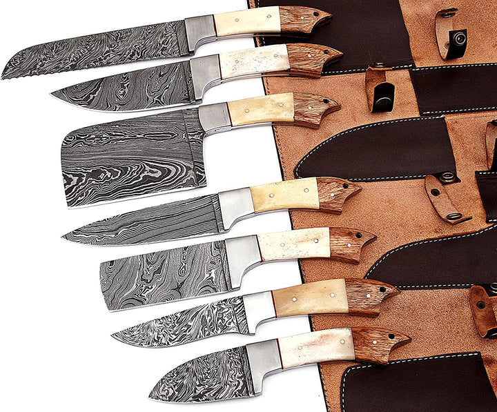 Custom Handmade Chef Knives Set / Kitchen Knives Set / 7Pcs Chef Set / Damascus Blades Chef Knives Set / BBQ Knives Set / Best gift item / Mother Day Gift / Professional Chef For Gift