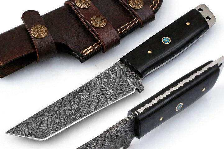 Custom Handmade Damascus Steel Tanto Knife 9.5", Damascus Hunting Knife, Fixed Blade Knife, Gift for Men