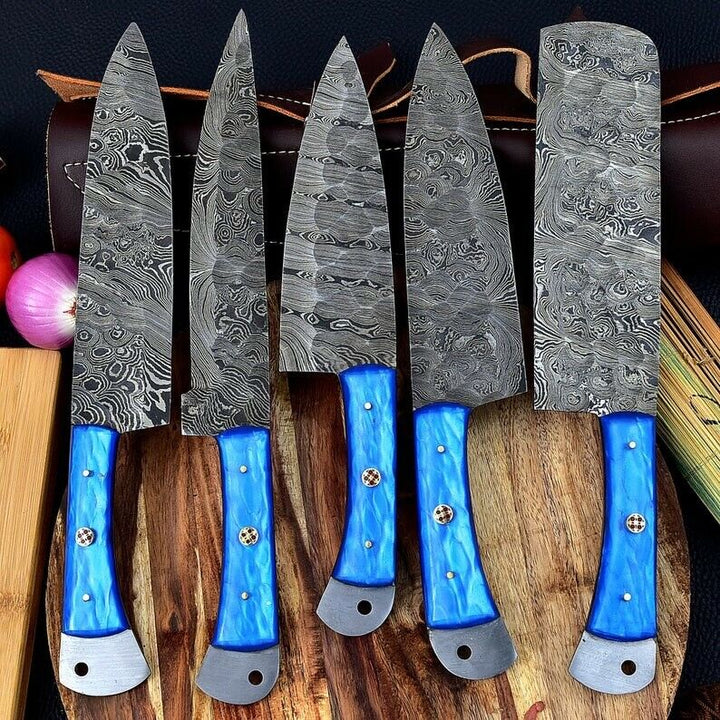 Handmade Damascus Chef Knife Set of 5Pcs Gift for Husband Kitchen Knife Groomsmen Gift Lover Gift for dad