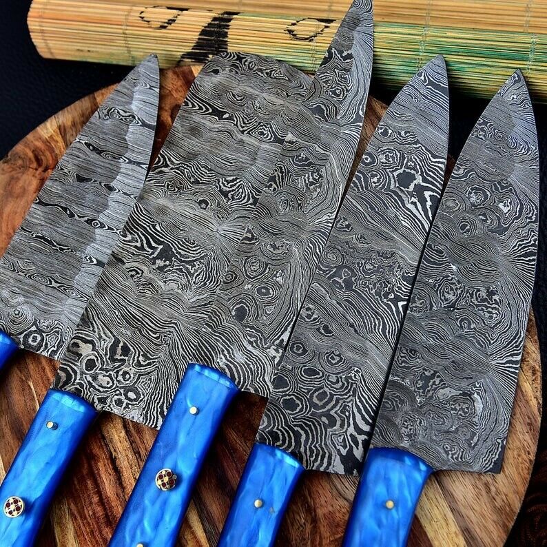 Handmade Damascus Chef Knife Set of 5Pcs Gift for Husband Kitchen Knife Groomsmen Gift Lover Gift for dad