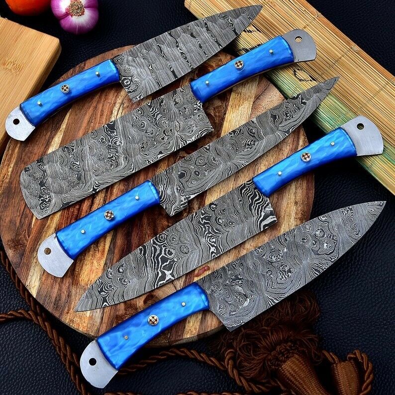 Handmade Damascus Chef Knife Set of 5Pcs Gift for Husband Kitchen Knife Groomsmen Gift Lover Gift for dad