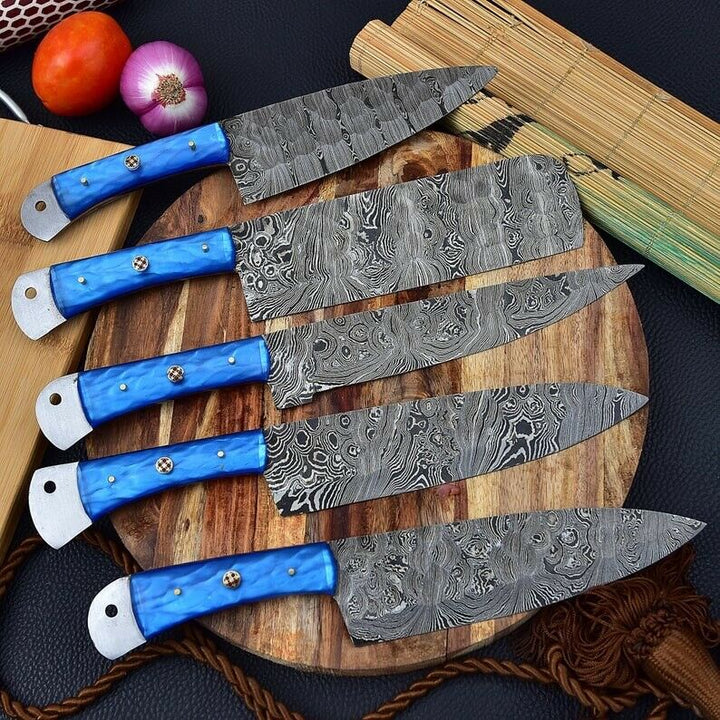 Handmade Damascus Chef Knife Set of 5Pcs Gift for Husband Kitchen Knife Groomsmen Gift Lover Gift for dad