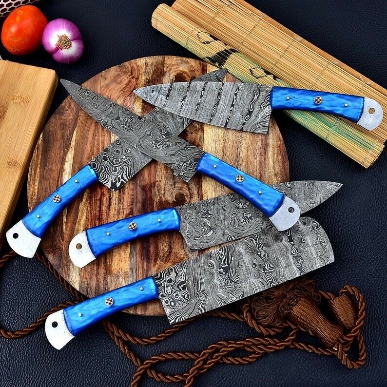 Handmade Damascus Chef Knife Set of 5Pcs Gift for Husband Kitchen Knife Groomsmen Gift Lover Gift for dad