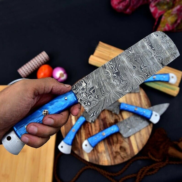 Handmade Damascus Chef Knife Set of 5Pcs Gift for Husband Kitchen Knife Groomsmen Gift Lover Gift for dad