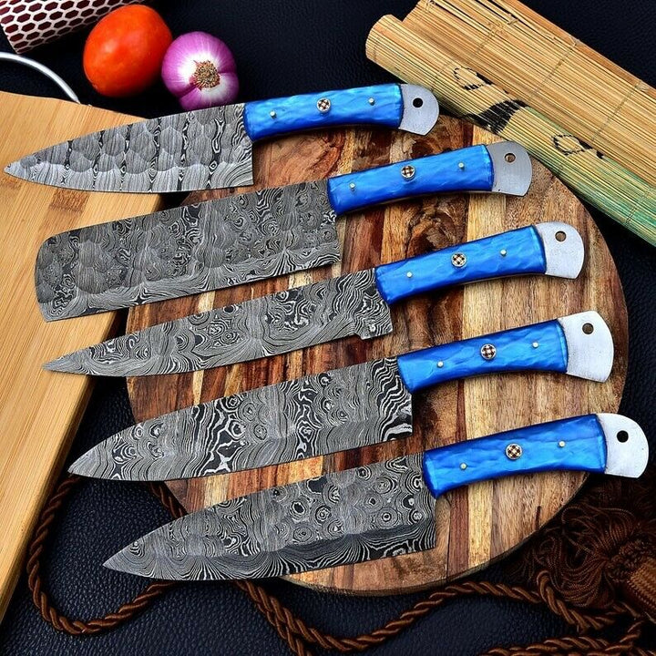 Handmade Damascus Chef Knife Set of 5Pcs Gift for Husband Kitchen Knife Groomsmen Gift Lover Gift for dad