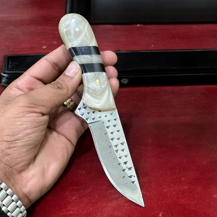 Handcrafted Rasp Steel Cowboy Knife, With Resin, Buffalo Horn Spacer handle And Leather Sheath