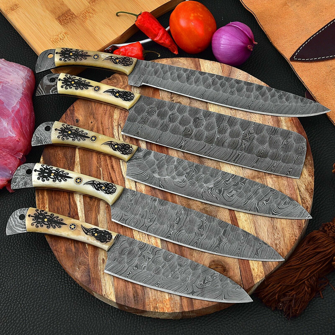 Handmade Damascus Steel Steak Knives Set, Kitchen Knives, Damascus Chef Set,  BBQ Chef Set, Hand Forged Chef Knives, Anniversary Gift for MEN 