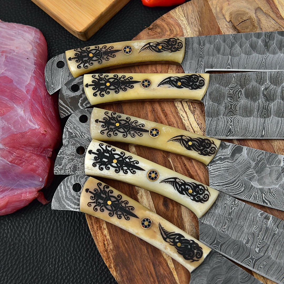 Custom Handmade Chef Knives Set / Kitchen Knives Set / 5Pcs Chef Set / Damascus Blades Chef Knives Set / BBQ Knives Set / Best handmade gift item / Mother Day Gift / Professional Chef For Gift