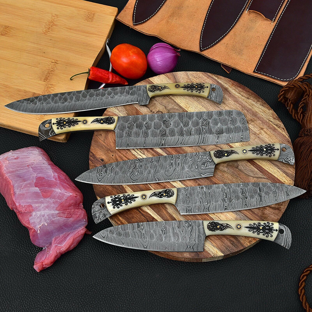 Custom Handmade Chef Knives Set / Kitchen Knives Set / 5Pcs Chef Set / Damascus Blades Chef Knives Set / BBQ Knives Set / Best handmade gift item / Mother Day Gift / Professional Chef For Gift