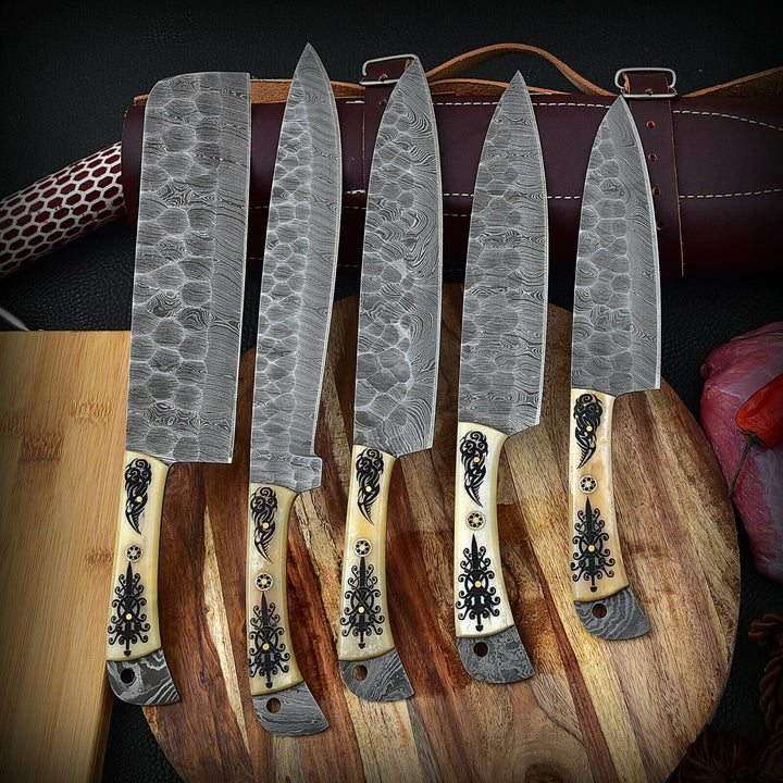 Custom Handmade Chef Knives Set / Kitchen Knives Set / 5Pcs Chef Set / Damascus Blades Chef Knives Set / BBQ Knives Set / Best handmade gift item / Mother Day Gift / Professional Chef For Gift