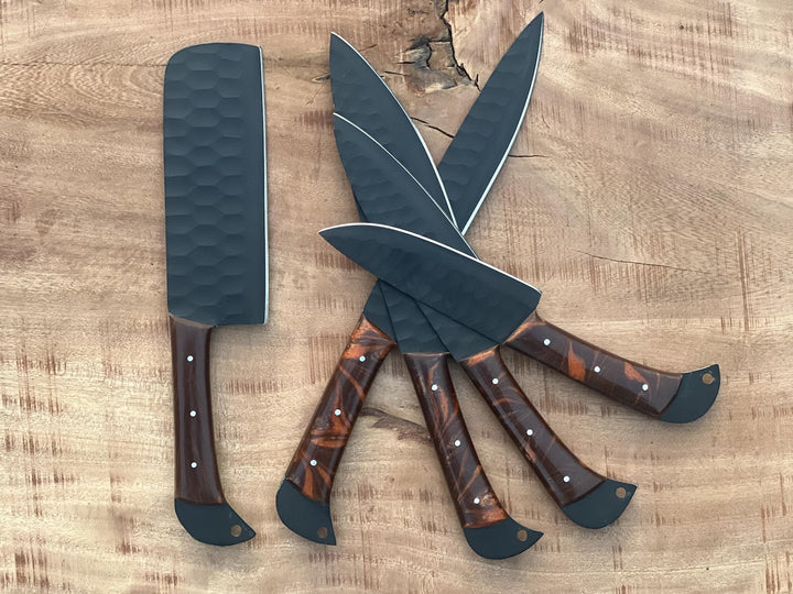 Custom Handmade Chef Knives Set / Kitchen Knives Set / 5Pcs Chef Set / Black Coated Blades Chef Knives Set / BBQ Knives Set / Best gift item / Mother Day Gift / Professional Chef For Gift