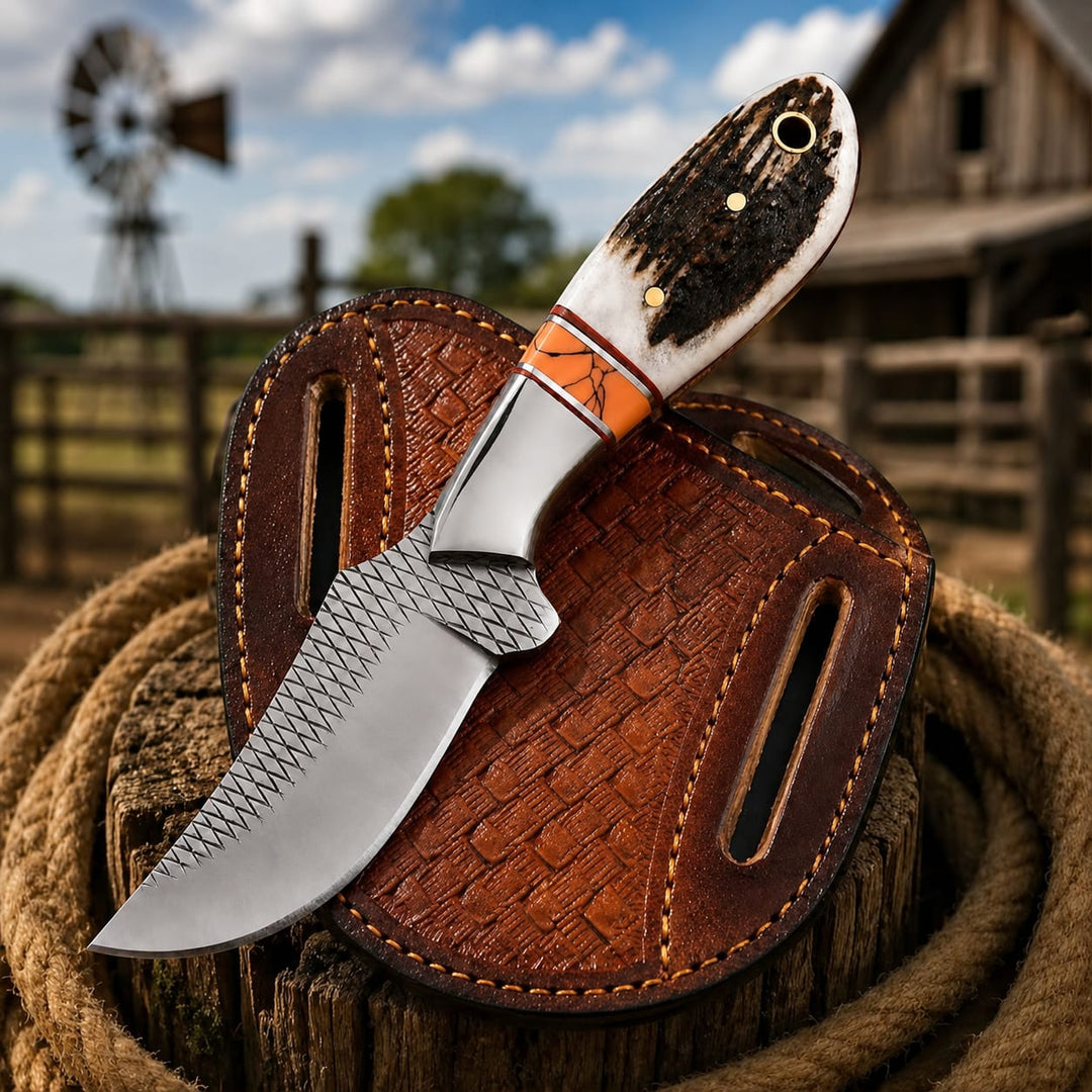 Handcrafted Rasp Steel Hunting Knife, With Stag Horn, Resin Spacer handle And Leather Sheath