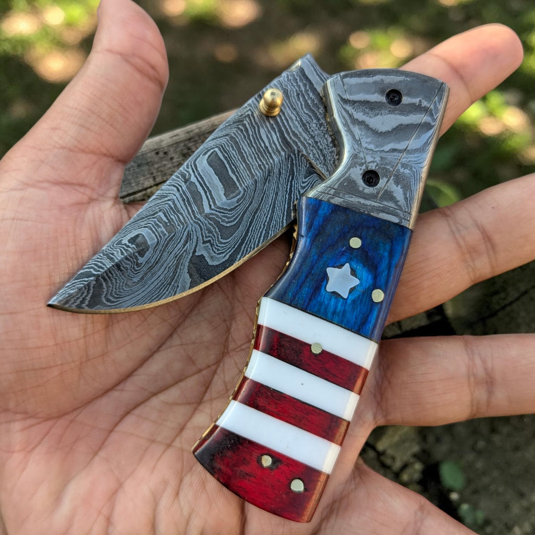 Hand Made Damascus Pocket Knife, American Flag Folding Knife, Outdoor Survival Knife With Leather Sheath - Groomsmen Gift, Anniversary Gift