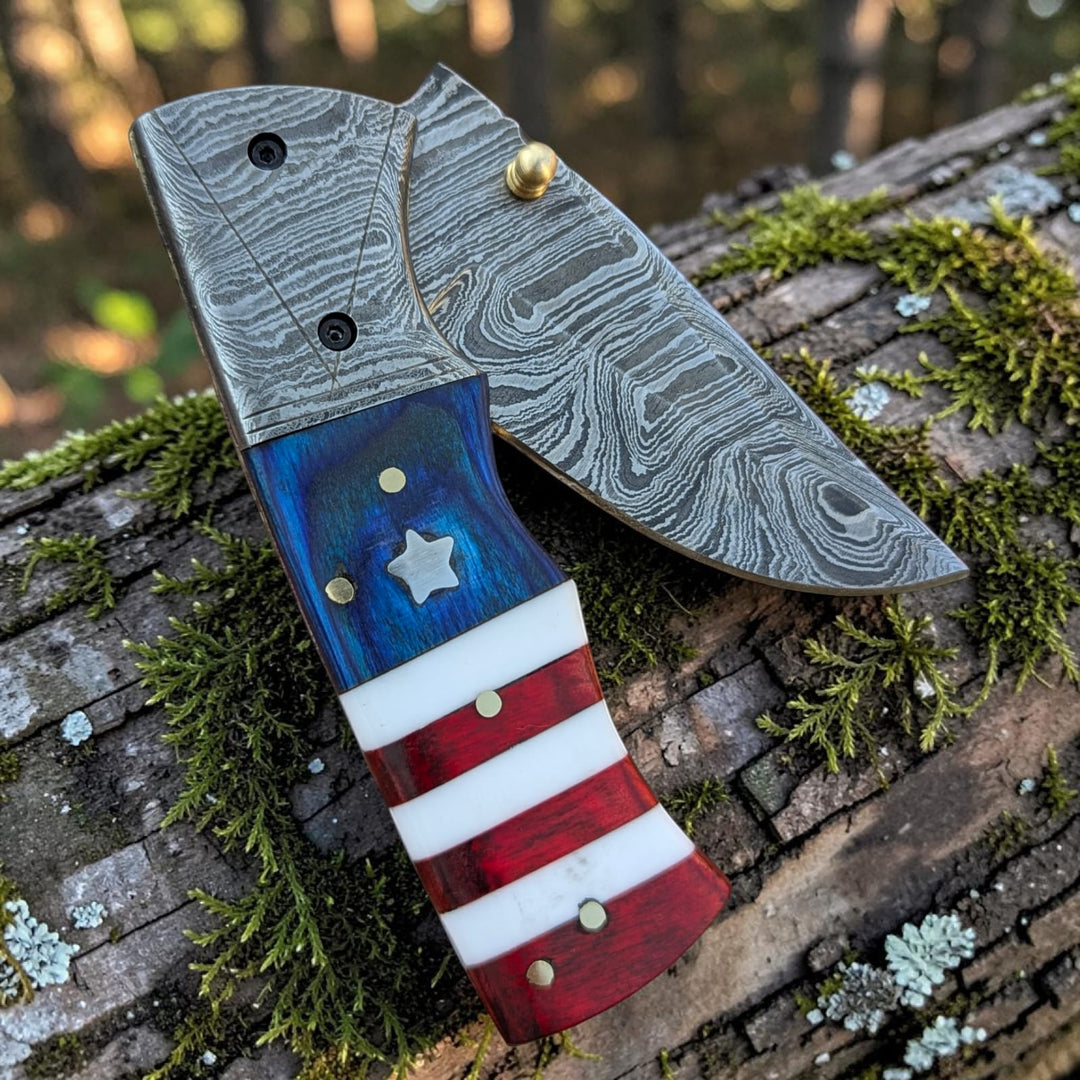 Hand Made Damascus Pocket Knife, American Flag Folding Knife, Outdoor Survival Knife With Leather Sheath - Groomsmen Gift, Anniversary Gift