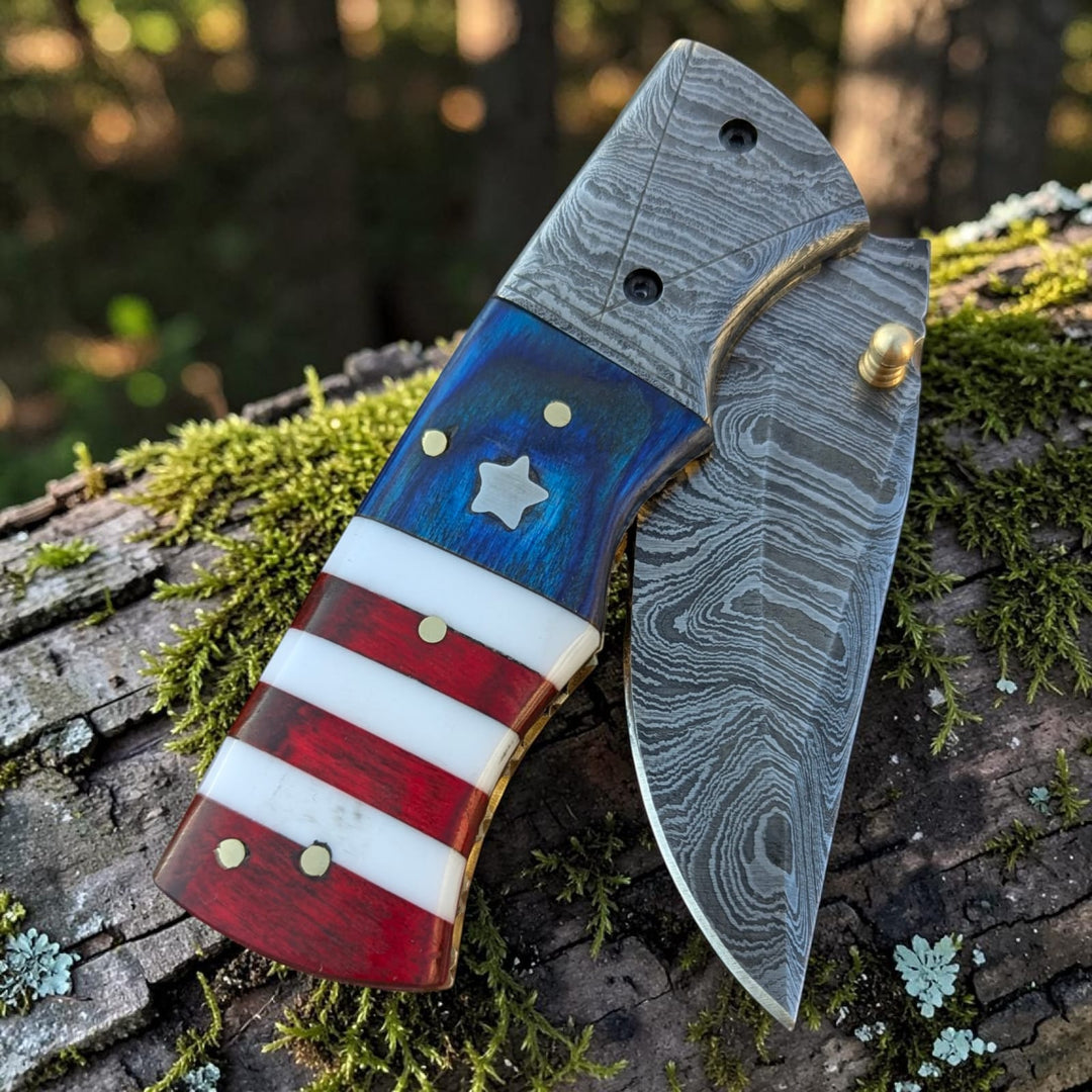 Hand Made Damascus Pocket Knife, American Flag Folding Knife, Outdoor Survival Knife With Leather Sheath - Groomsmen Gift, Anniversary Gift