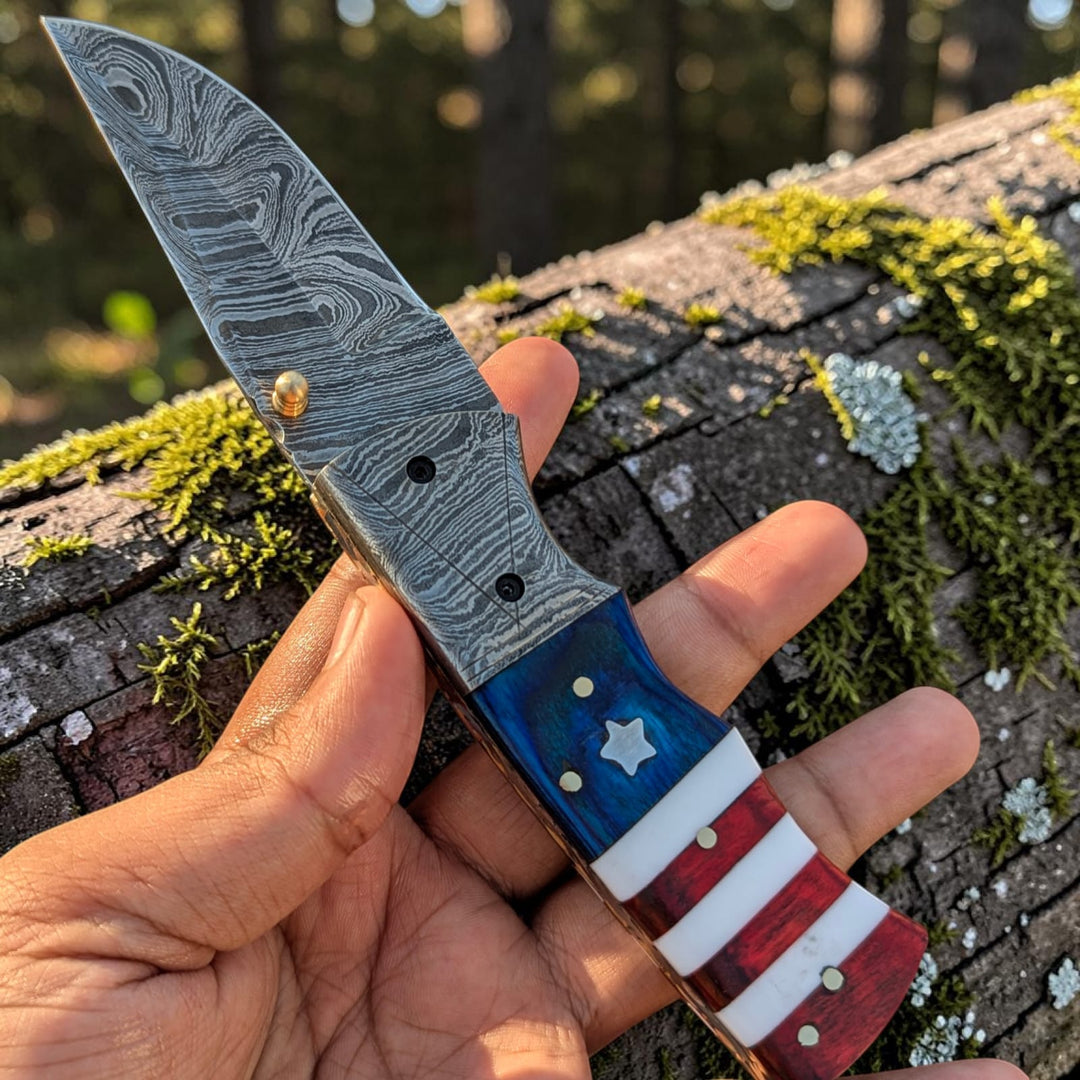 Hand Made Damascus Pocket Knife, American Flag Folding Knife, Outdoor Survival Knife With Leather Sheath - Groomsmen Gift, Anniversary Gift