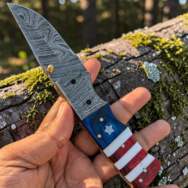 Hand Made Damascus Pocket Knife, American Flag Folding Knife, Outdoor Survival Knife With Leather Sheath - Groomsmen Gift, Anniversary Gift