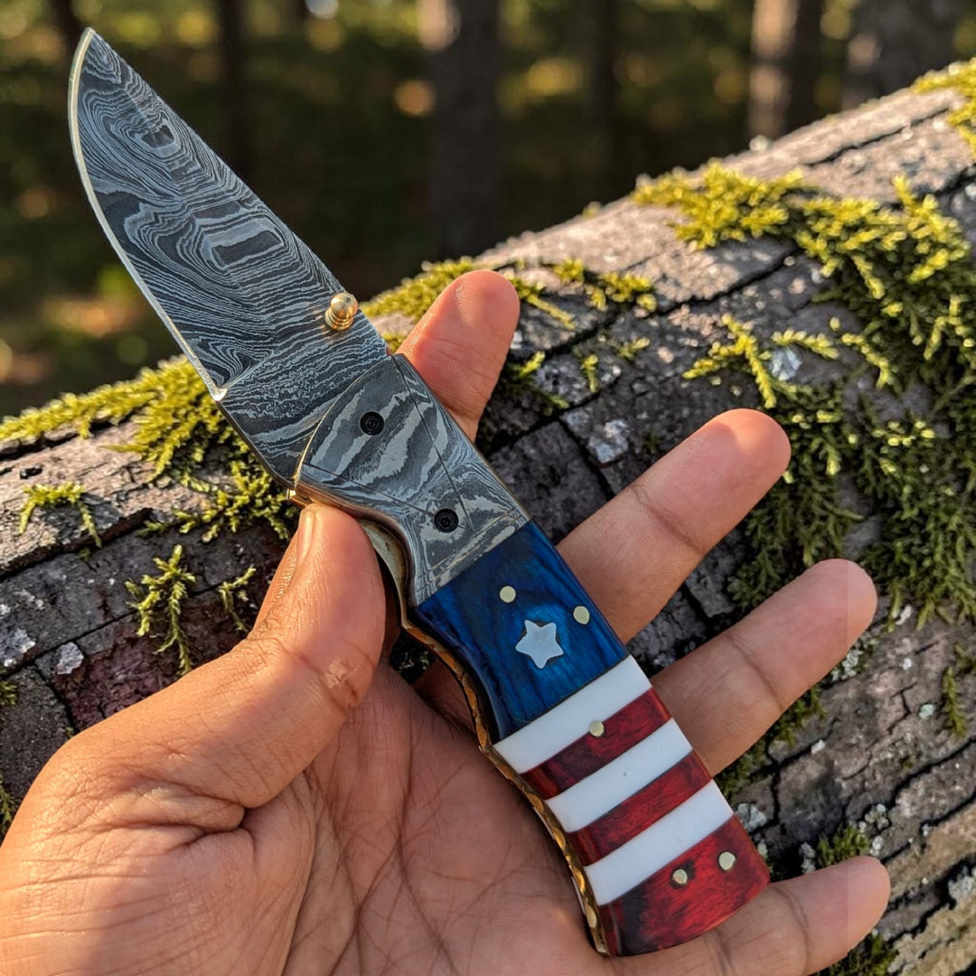 Hand Made Damascus Pocket Knife, American Flag Folding Knife, Outdoor Survival Knife With Leather Sheath - Groomsmen Gift, Anniversary Gift