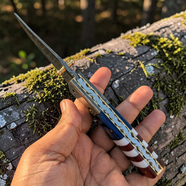 Hand Made Damascus Pocket Knife, American Flag Folding Knife, Outdoor Survival Knife With Leather Sheath - Groomsmen Gift, Anniversary Gift