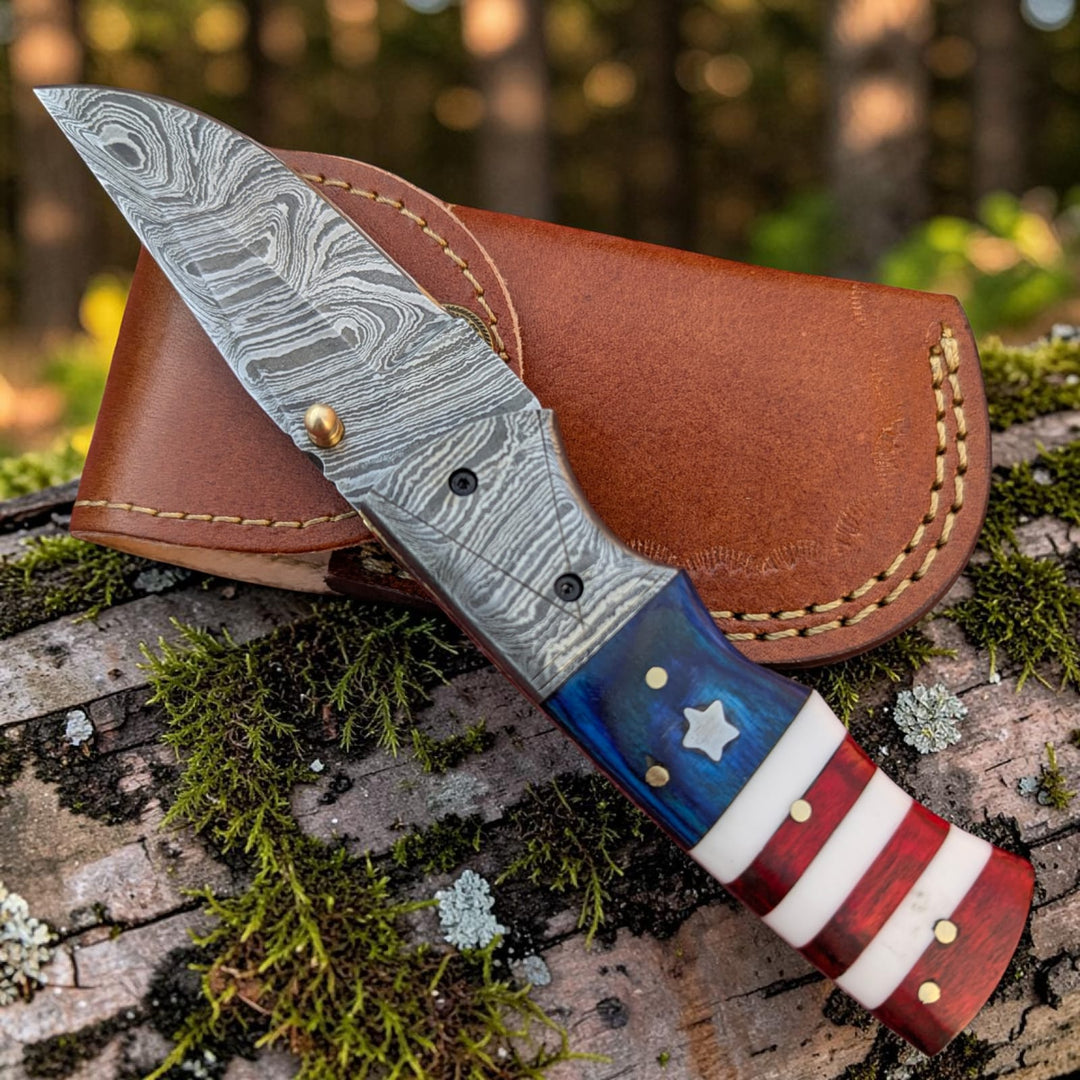 Hand Made Damascus Pocket Knife, American Flag Folding Knife, Outdoor Survival Knife With Leather Sheath - Groomsmen Gift, Anniversary Gift