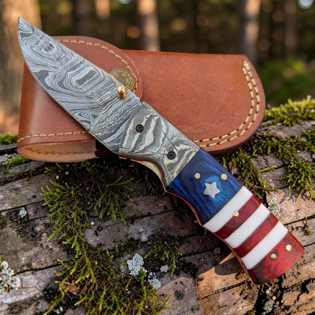 Hand Made Damascus Pocket Knife, American Flag Folding Knife, Outdoor Survival Knife With Leather Sheath - Groomsmen Gift, Anniversary Gift