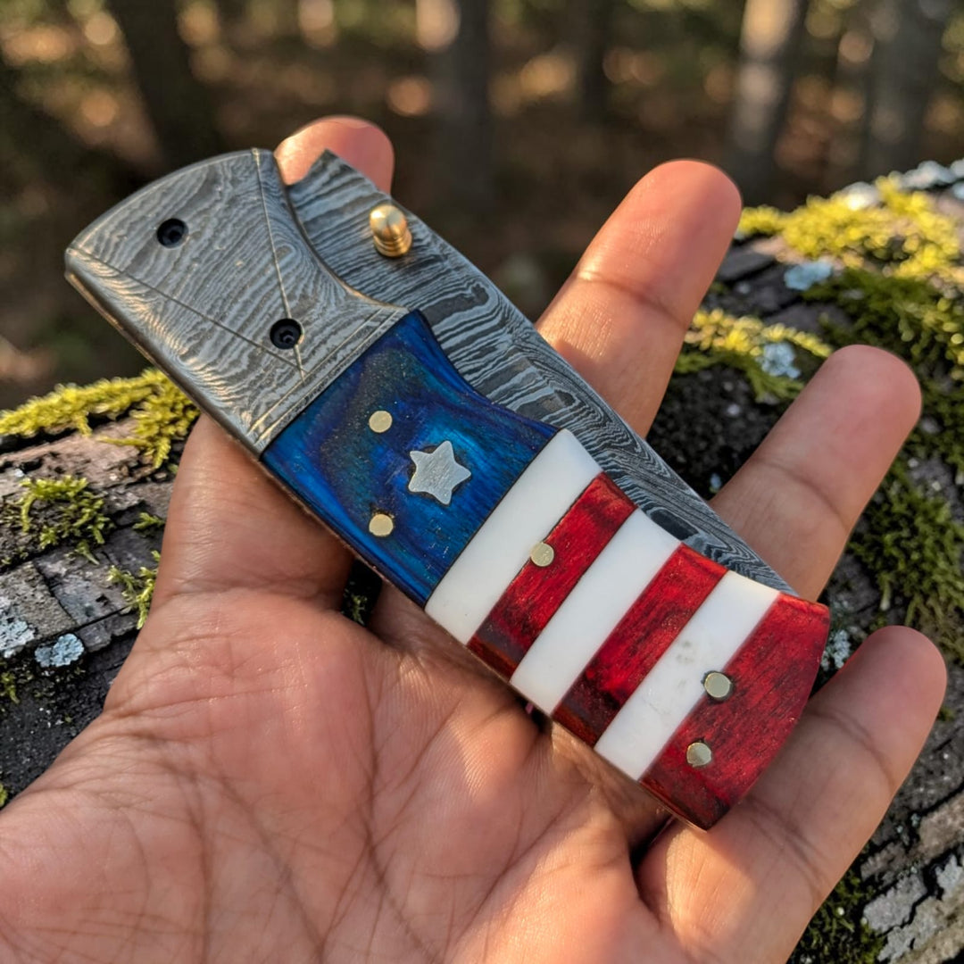 Hand Made Damascus Pocket Knife, American Flag Folding Knife, Outdoor Survival Knife With Leather Sheath - Groomsmen Gift, Anniversary Gift