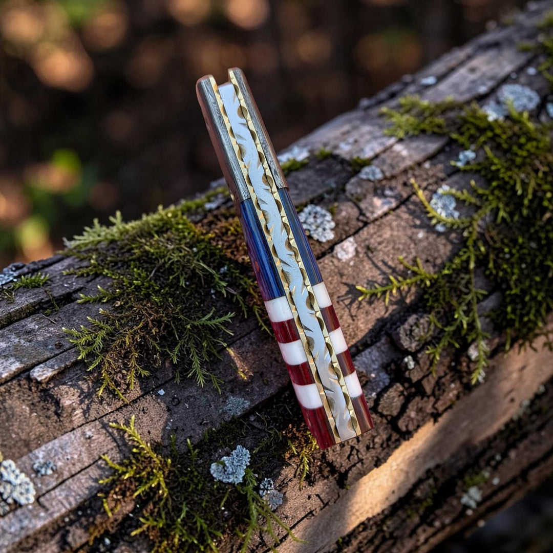 Hand Made Damascus Pocket Knife, American Flag Folding Knife, Outdoor Survival Knife With Leather Sheath - Groomsmen Gift, Anniversary Gift