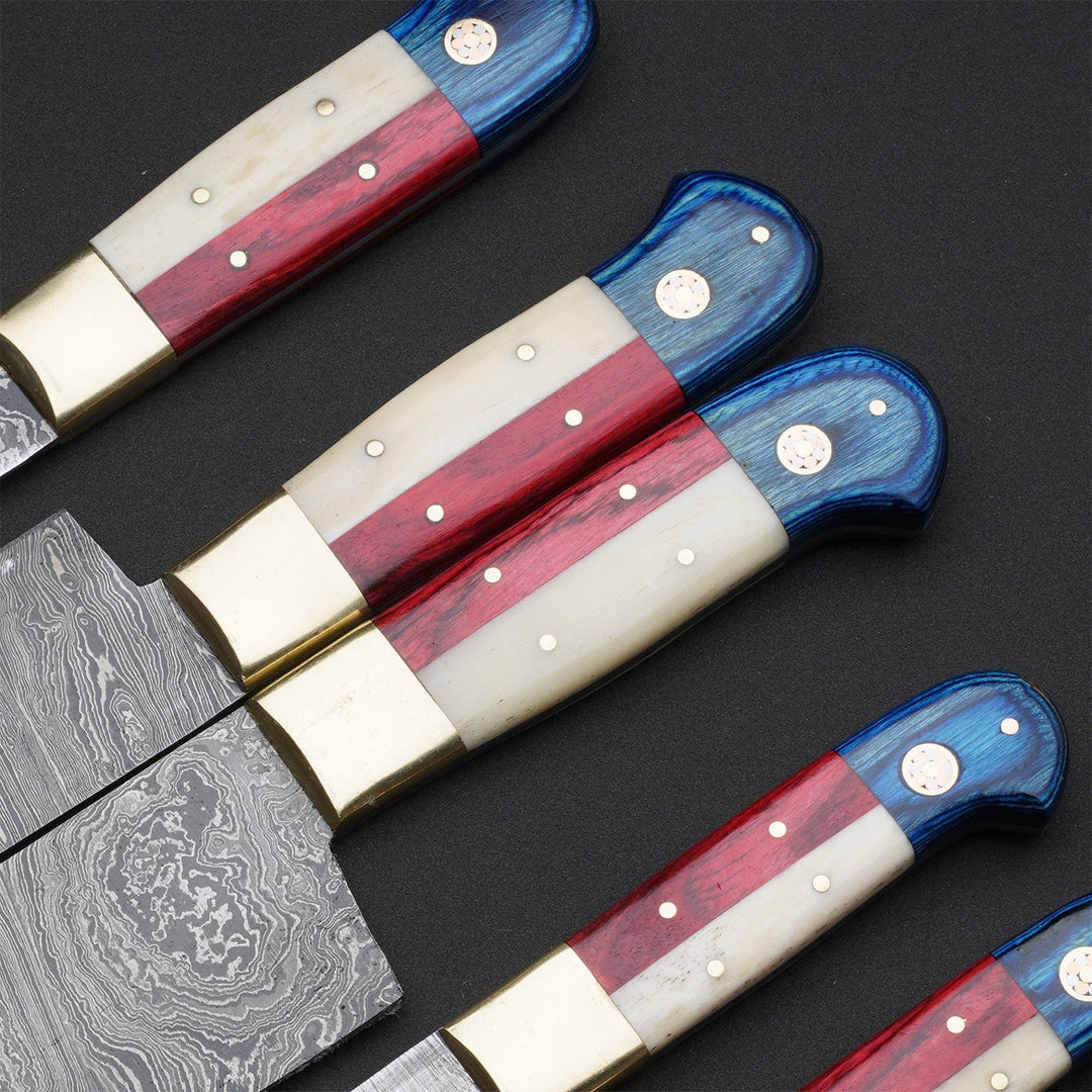 Custom Handmade Chef Knives Set / Kitchen Knives Set / 5Pcs Chef Set / Texas Flag Handle Chef Set / Texas Handle Knives / Damascus Blades Chef Knives Set / BBQ Knives Set / Best gift item / Mother Day Gift / Professional Chef For Gift