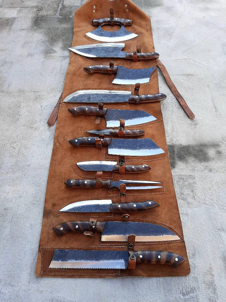 Handmade 1095 High Carbon Steel Forged Blades Complete Full Chef Knives Set of  12 Pieces Chef Set, Kitchen Knives Set & Leather Roll Bag, Mother's Day Gift, Father's Day Gift, Birthday Gift, Wedding Gift, Best Handmade Gift item, Gift for him/her