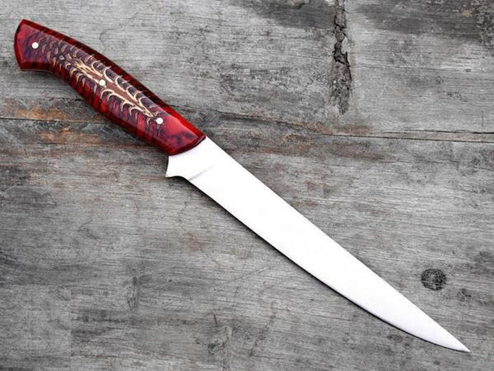 D2 Handmade Fillet Knife Kitchen Chef Knife Cooking Carbon Steel Knife Red Resin Pinecone