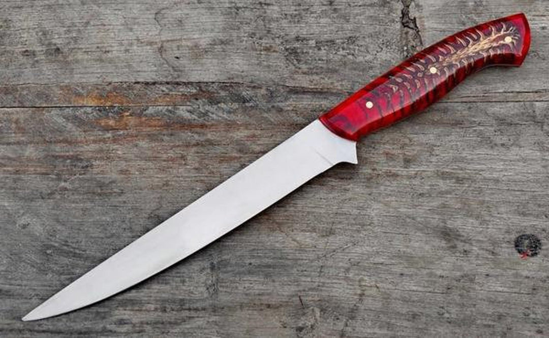 D2 Handmade Fillet Knife Kitchen Chef Knife Cooking Carbon Steel Knife Red Resin Pinecone